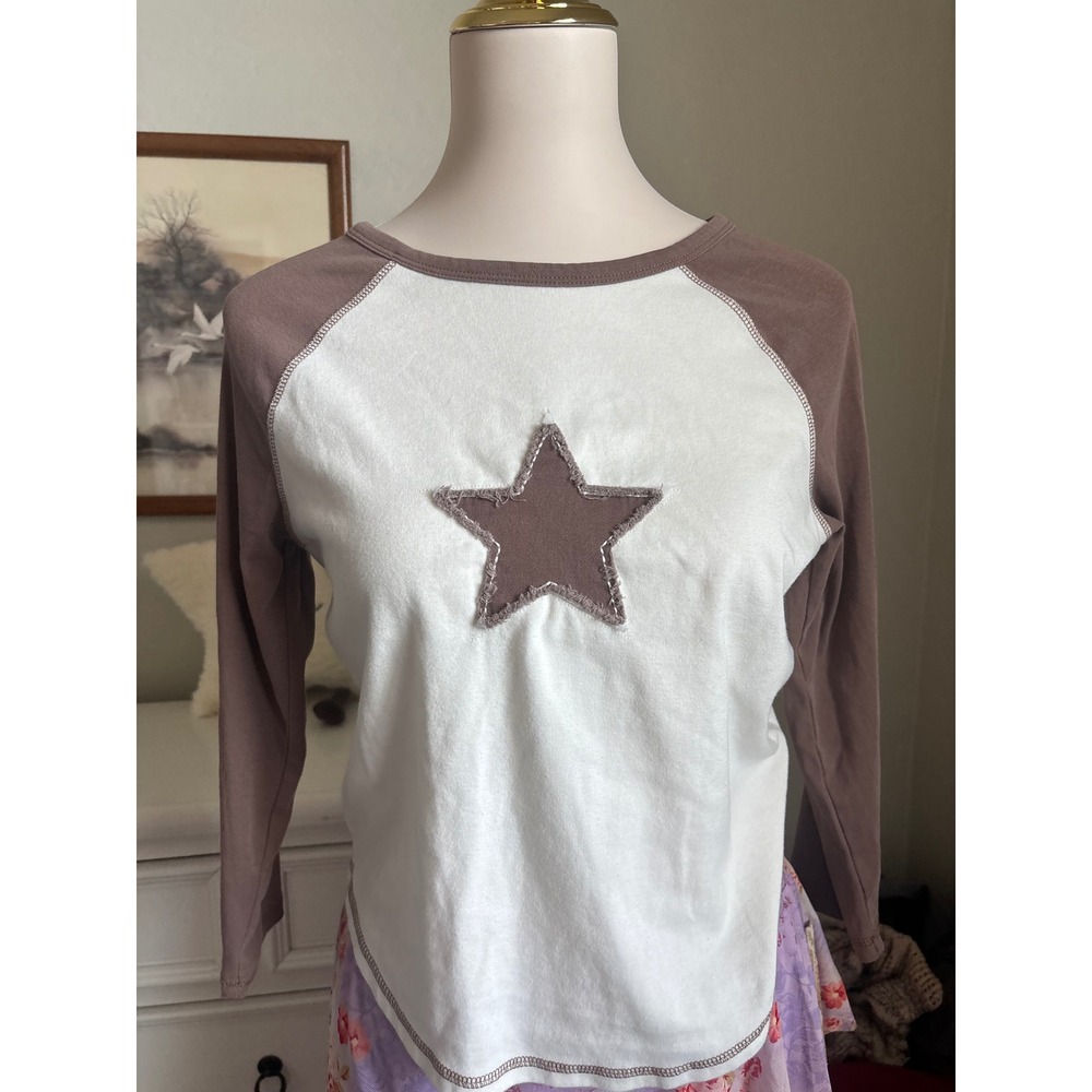 Star Patch Raglan Top Y2K Brown White Baseball Tee Almost Famous Large
